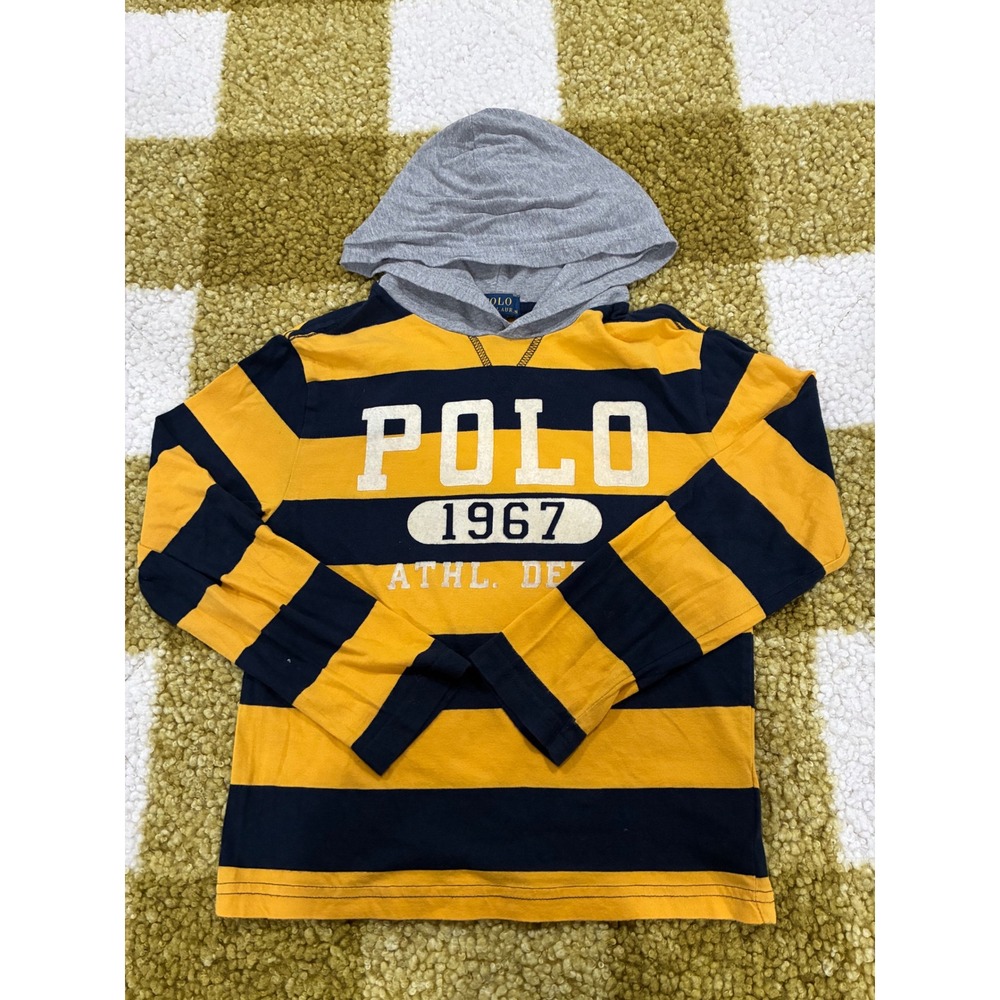 Polo Ralph Lauren Boys Yellow Navy Blue Striped Hooded Long Sleeve Shirt Size‎ 6